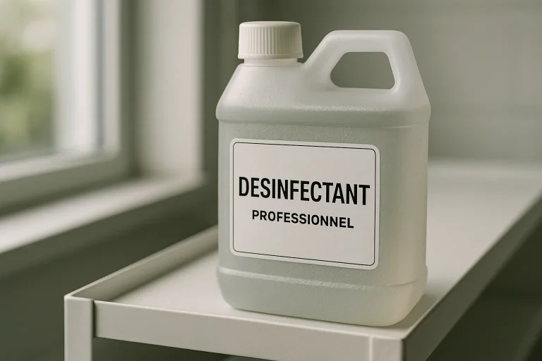 Flacon de désinfectant professionnel sur une étagère, lumière naturelle, détails visibles