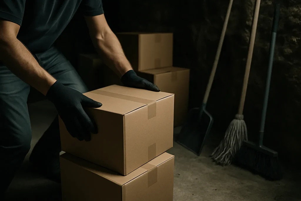 Personnes déplaçant des cartons dans une cave sombre, outils visibles