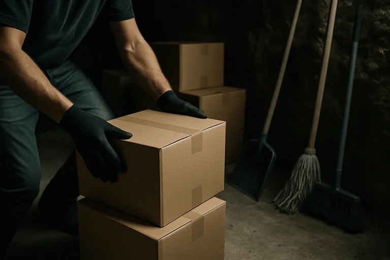 Personnes déplaçant des cartons dans une cave sombre, outils visibles
