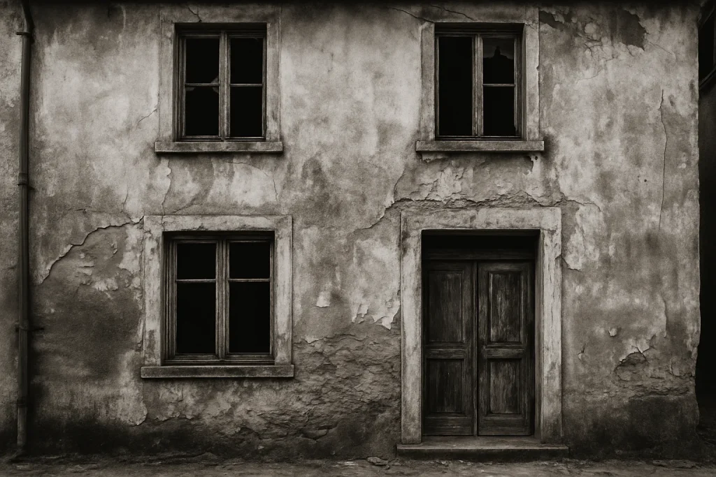Façade d'une maison insalubre à Longuyon en noir et blanc, contraste élevé