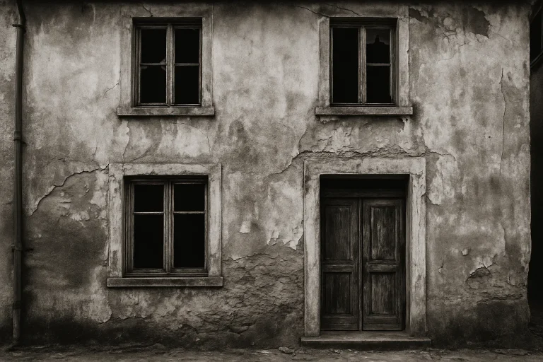 Façade d'une maison insalubre à Longuyon en noir et blanc, contraste élevé