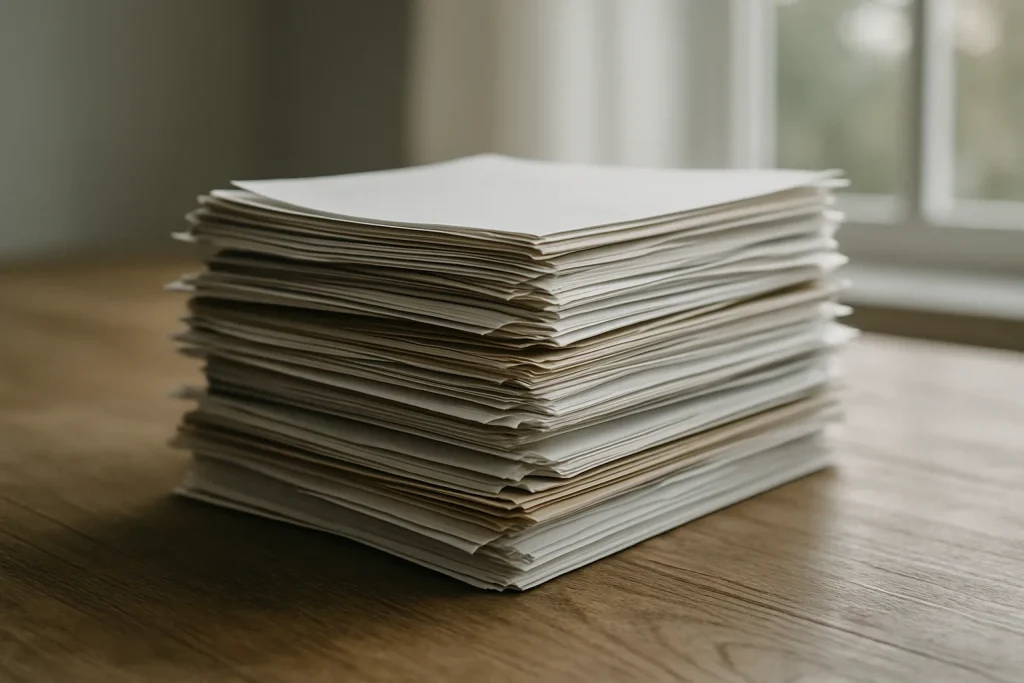 Pile de documents sur une table en bois éclairée par la lumière naturelle