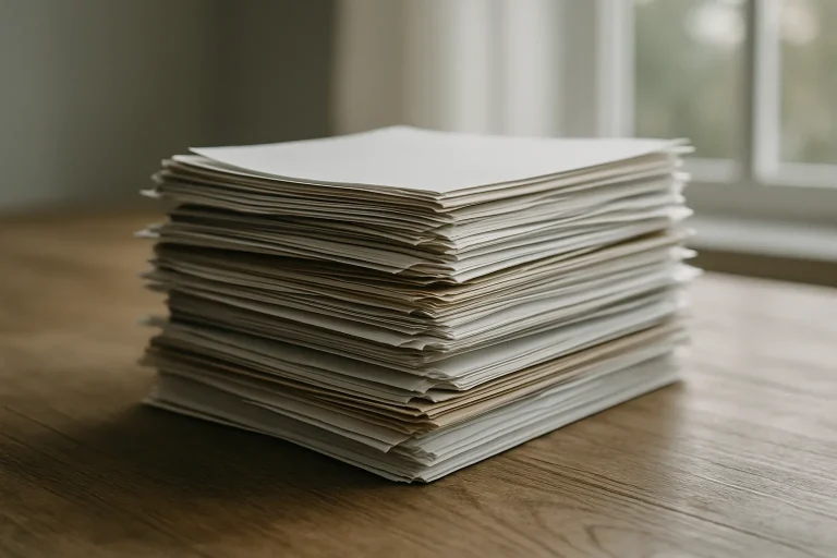 Pile de documents sur une table en bois éclairée par la lumière naturelle