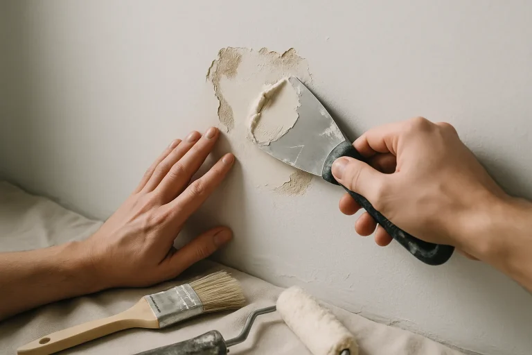 Deux mains effectuant des réparations murales avec des outils de peinture, éclairage neutre