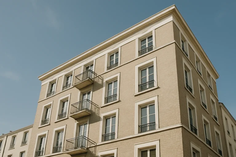 Vue extérieure d'un bâtiment de logements sociaux, ciel dégagé en arrière-plan