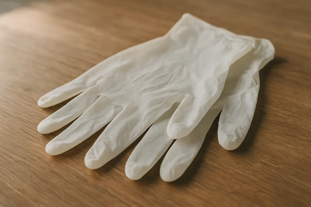 Gros plan sur des gants jetables pour nettoyage après décès, posés sur une table