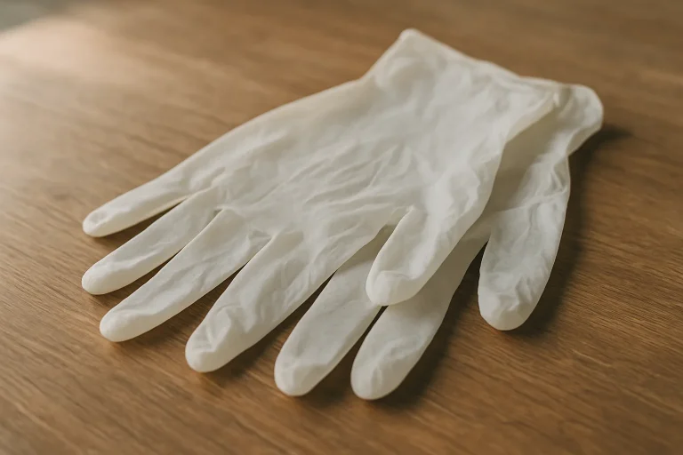 Gros plan sur des gants jetables pour nettoyage après décès, posés sur une table