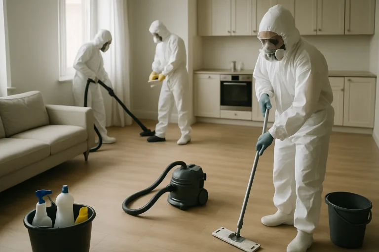 Équipe en combinaison hazmat nettoyant un appartement à Nancy après un décès, équipements visibles.