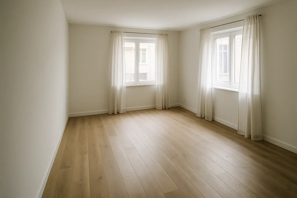 Intérieur lumineux d'une maison rénovée avec parquet clair et murs blancs