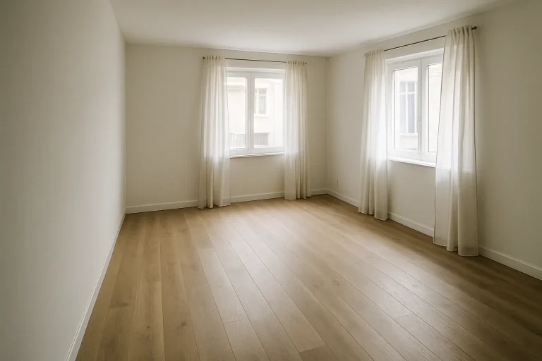 Intérieur lumineux d'une maison rénovée avec parquet clair et murs blancs