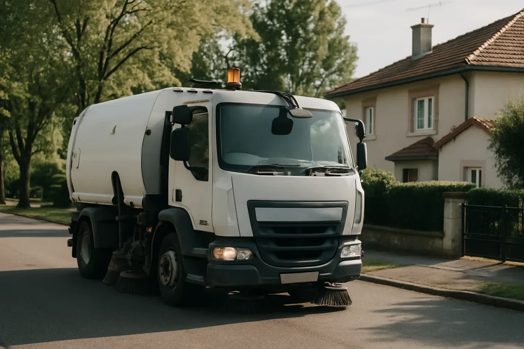 Camion de nettoyage garé dans une rue résidentielle en Meurthe-et-Moselle, avec maisons en arrière-plan
