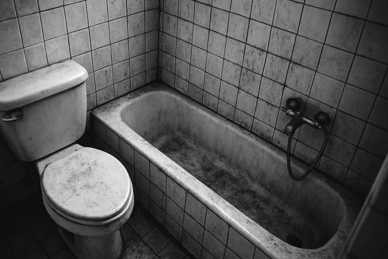 Salle de bain avec carrelage sale sous une lumière crue, vue plongeante